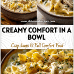 A steaming bowl of creamy Chicken Alfredo Lasagna Soup with noodles, herbs, and white sauce in a rustic bowl.